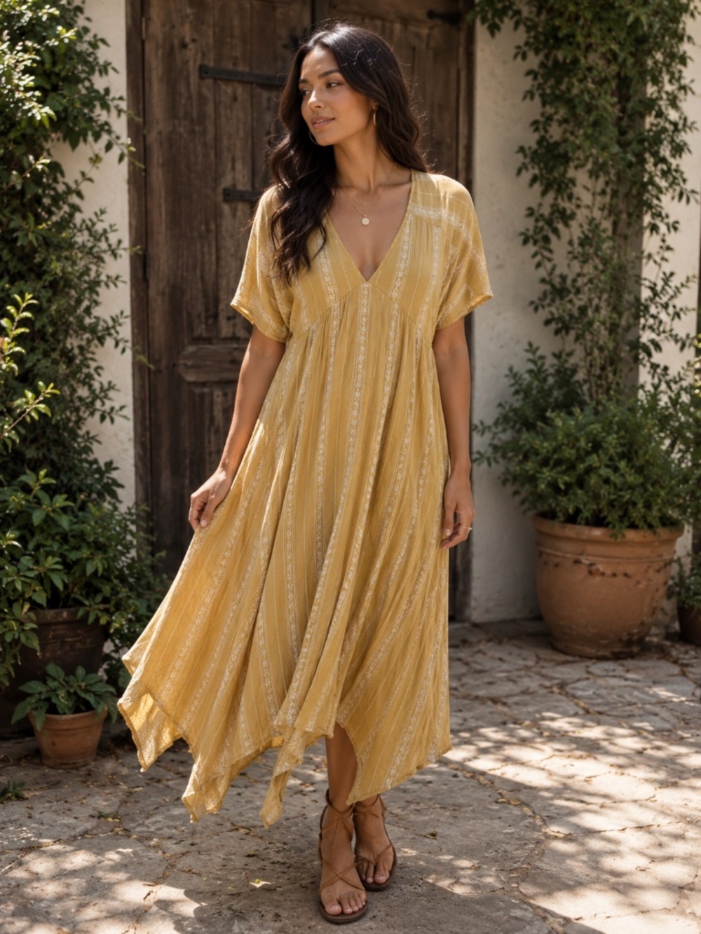 En Crème Mustard Boho Maxi Dress Small Rayon Tie Back Festival